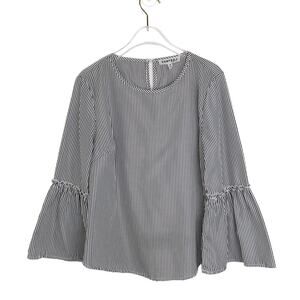 Kontrol Contemporary Gray & White Ruffle Sleeve Striped Blouse Medium Preppy